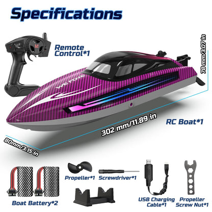 RC Boat for Adults and Kids, WeFone WF17 Remote Control Boat for Pools & Lakes, 2 Batteries, Purple