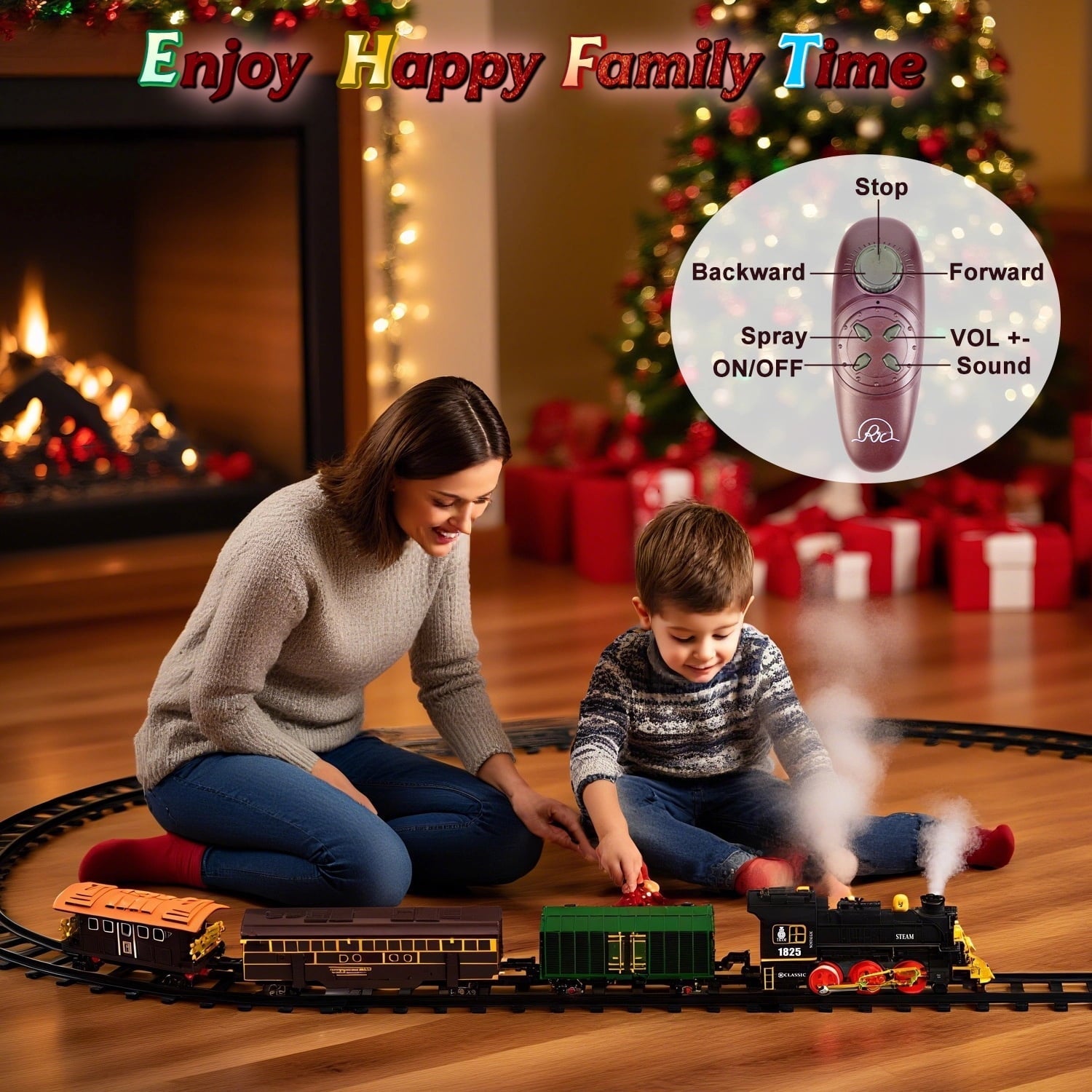 Teblint Train Set Toy with Remote Control, Electric Toy Train with Smoke, Lights & Sound, Rechargeable Steam Locomotive Engine Train Toy for 3 4 5 6 7 8+ Years Old Kids, Christmas Birthday Gift