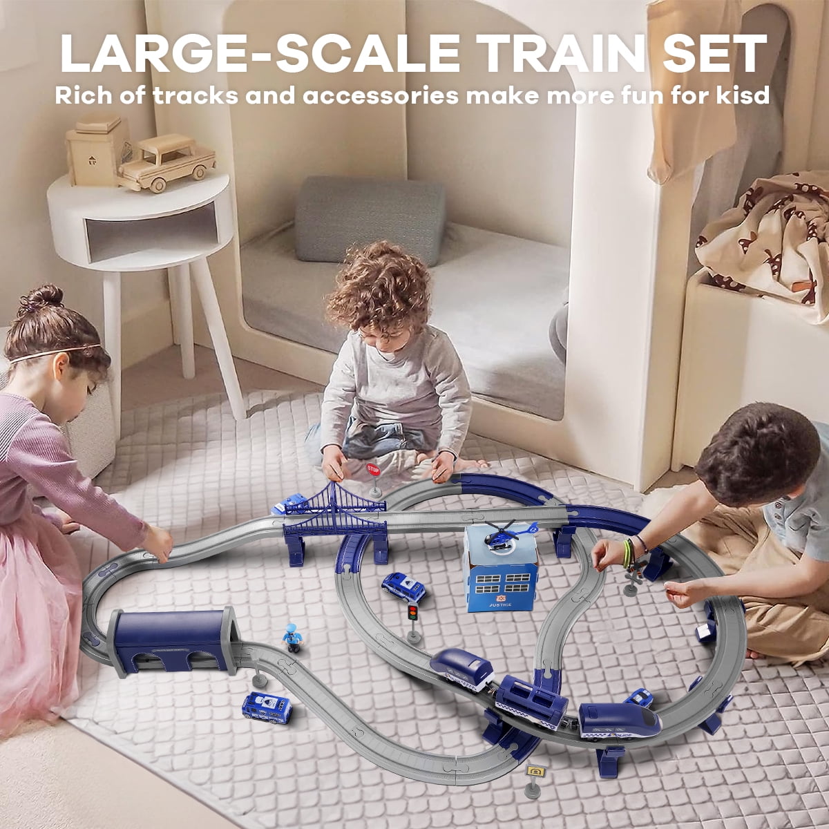 Toys Train Set for Kids, HDJ 92PCS Race Track Set for Boys Christmas Train Birthday Gift,Police Toy with Cars, Copter(Blue)
