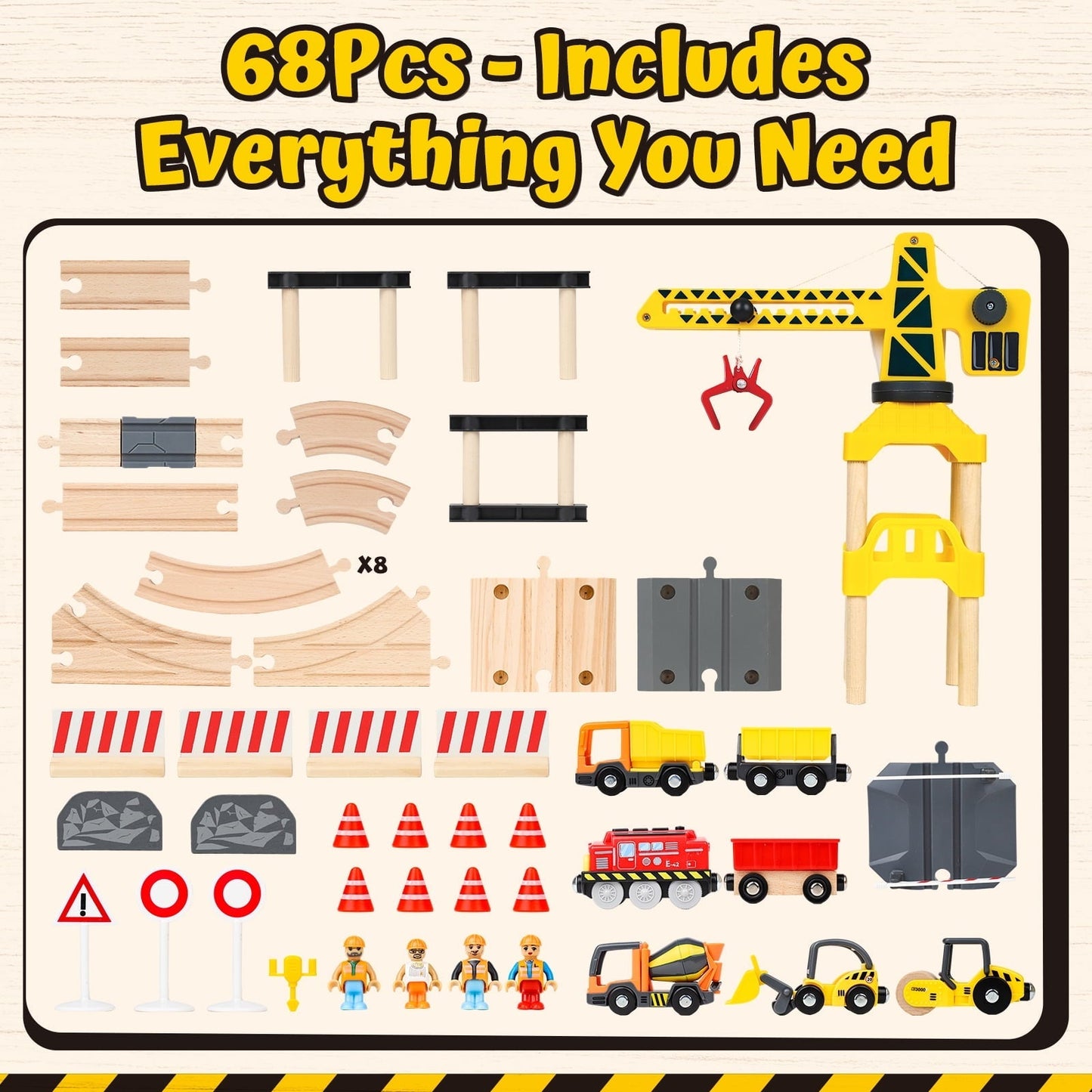Train Set, 68 PCS Wooden Train Set for Kids, Train Toys for Toddlers, Construction Toys Train with Train Tracks for Kids 2 3 4 5+ Years Old, Great Gift for Boys Girls - Compatible with Other Brands
