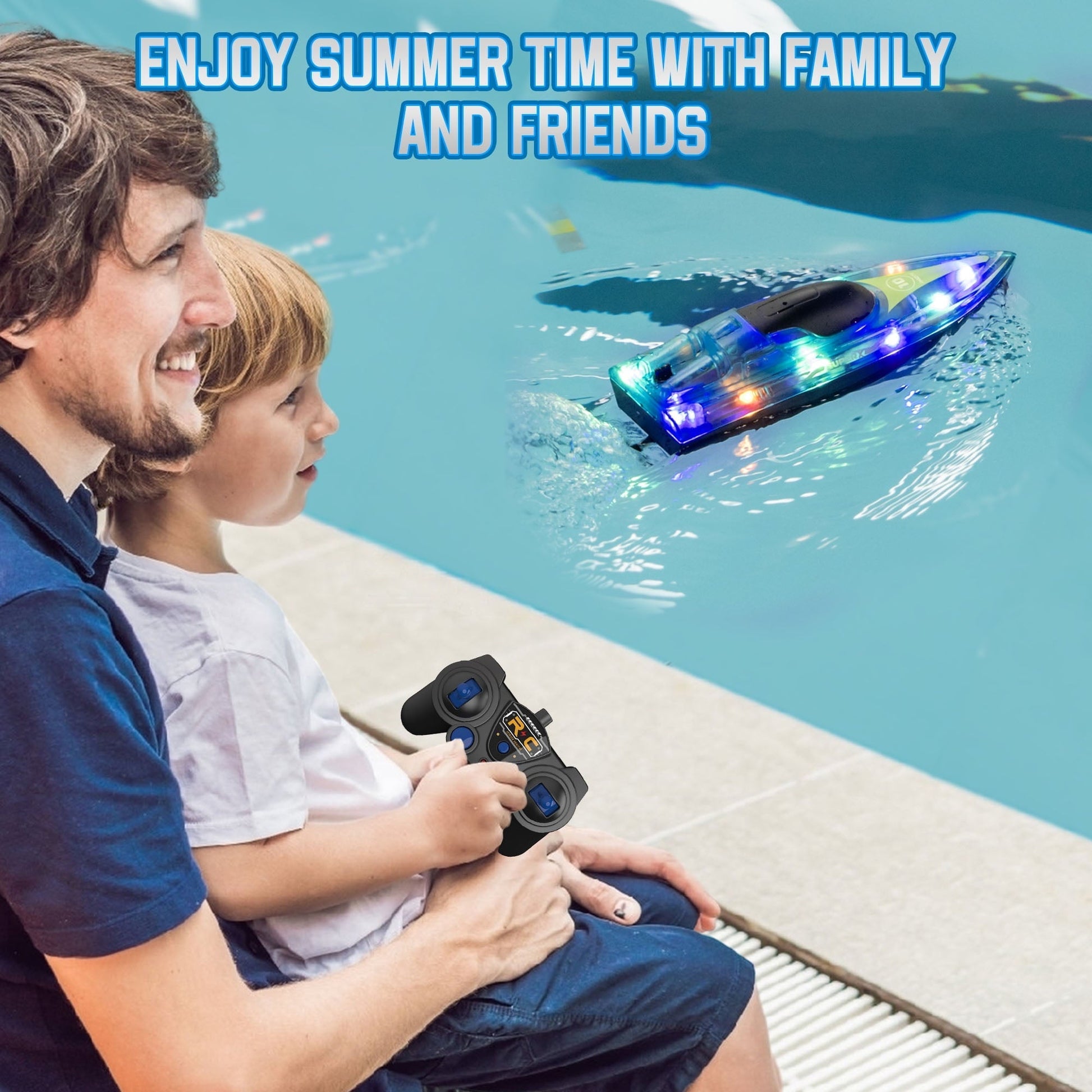 Wisairt 15Km/h Remote Control Boat with LED Lights for Pools/Lakes, 2.4GHz High Speed RC Boat with 2 Rechargeable Batteries, Perfect Summer Water Toys for Ages 10+ (Blue)