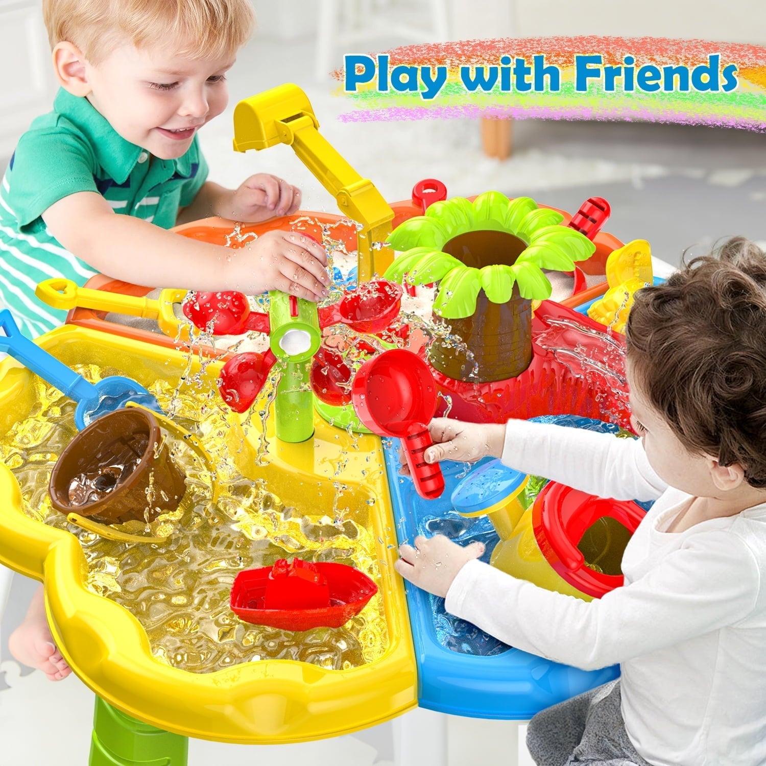 JoyStone 3 in 1 Kids Sand Water Table, 37PCS Sensory Play Table, 24"x24"x14.56" Outdoor Summer Toy Gift for Toddlers Boys Girls