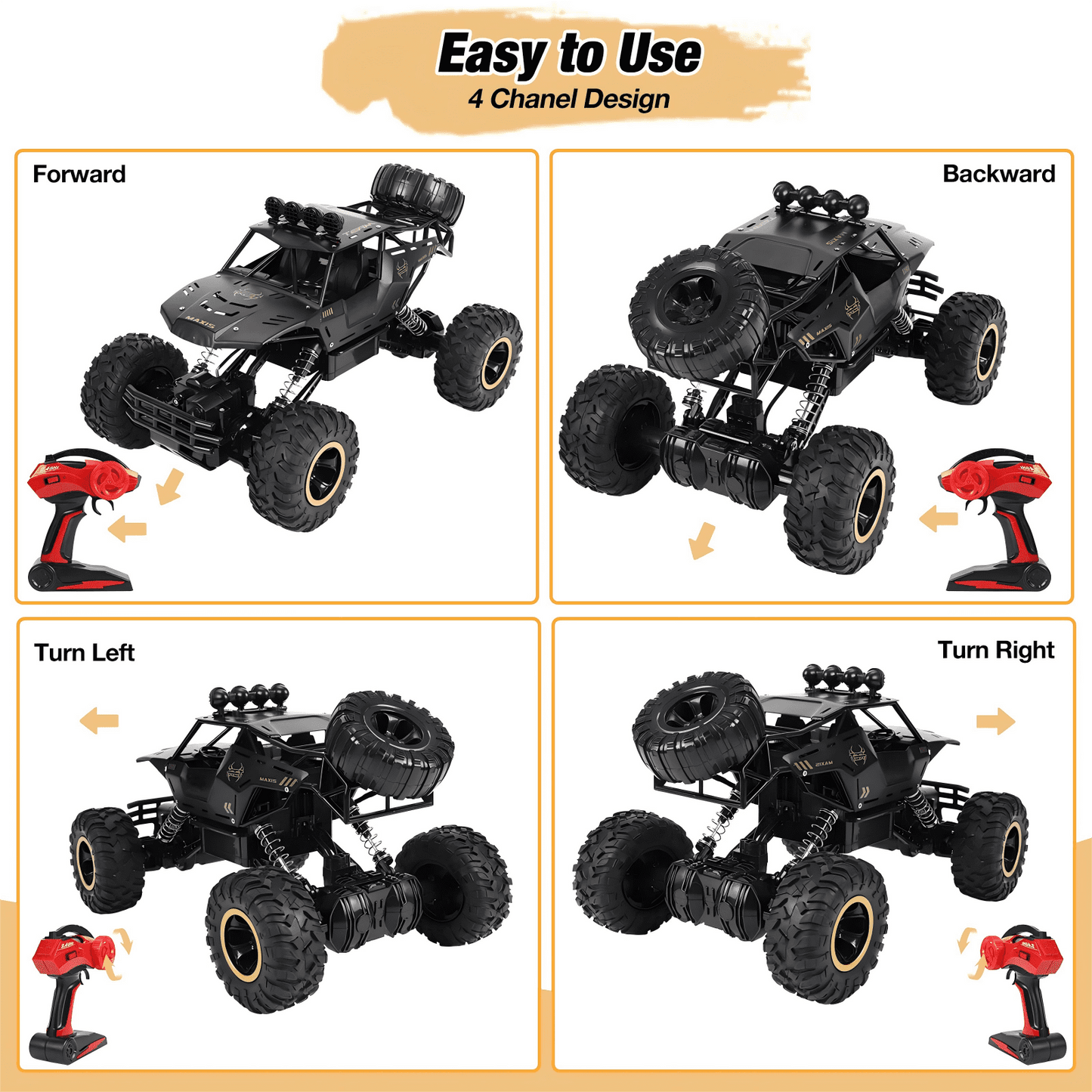 Tcovle 1:14 RC Cars, 40+ KM/H Fast RC Monster Truck Remote Control Car with Metal Drivetrain, 4WD All-Terrain, 2 Batteries, RC Toy Car Gift for Kids, Teens & Adults