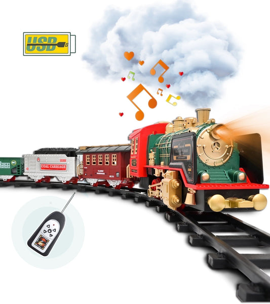 Train Set Toy, Remote RC Train Set Locomotive Rechargeable W/ Smoke, Lights, Sounds Railway for Boys Girls Age 3 4 5 6 + Kids