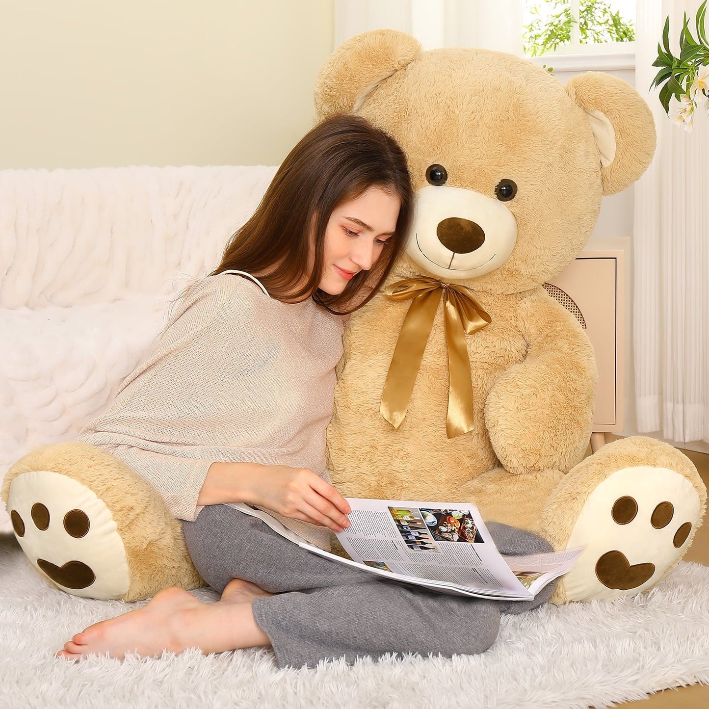 MorisMos Pink Giant Teddy Bear 35.4" Stuffed Animal Soft Big Plush Toy with Bowknot and Footprint