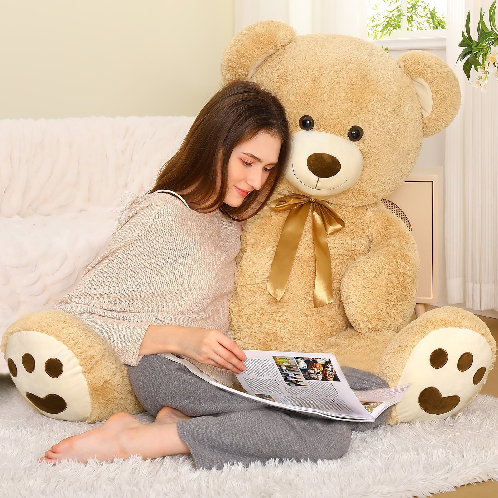 MorisMos Pink Giant Teddy Bear 35.4" Stuffed Animal Soft Big Plush Toy with Bowknot and Footprint