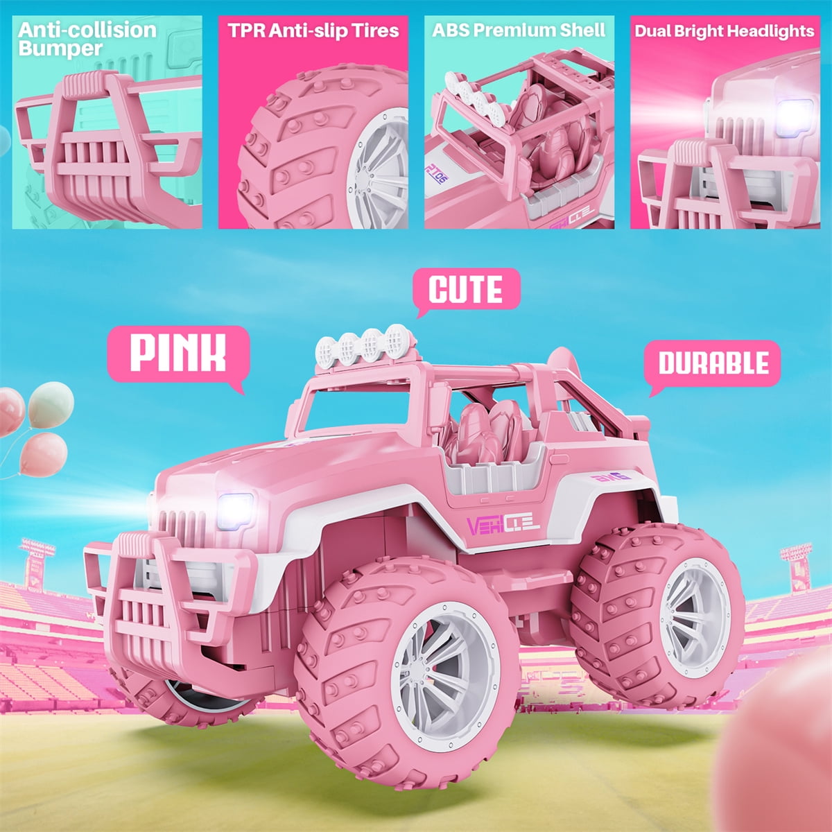 YCFUN Remote Control Car for Girls, 1:16 Pink RC Jeep Car with Lights, 2 Dolls, 4 Windmills & 2 Rechargeable Batteries, RC Truck Gifts for Kids
