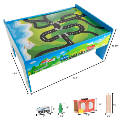 Hey Play 75-Piece Wooden Train Set with Illustrated Toy Storage Play Table