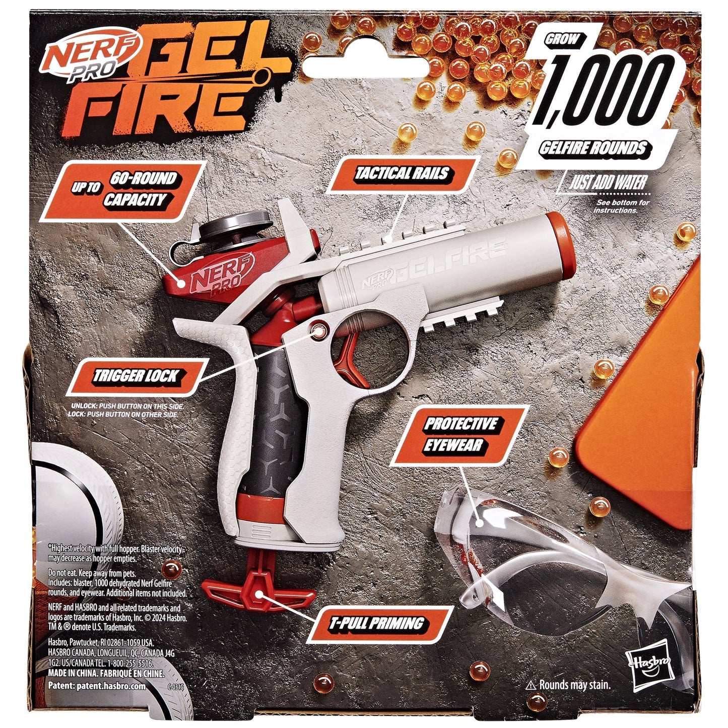 Nerf Pro Gelfire Ignitor Blaster, 1,000 Gelfire Rounds, 60 Round Capacity, T-Pull Priming, Eyewear