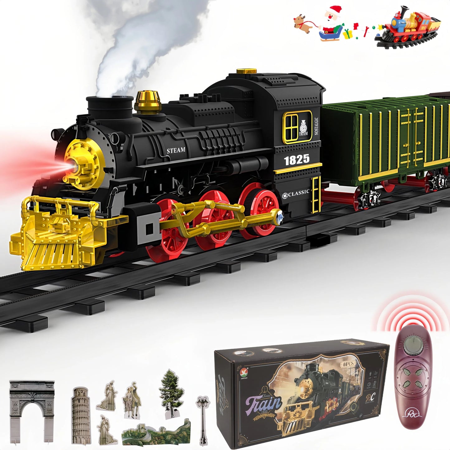Teblint Train Set Toy with Remote Control, Electric Toy Train with Smoke, Lights & Sound, Rechargeable Steam Locomotive Engine Train Toy for 3 4 5 6 7 8+ Years Old Kids, Christmas Birthday Gift