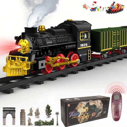 Teblint Train Set Toy with Remote Control, Electric Toy Train with Smoke, Lights & Sound, Rechargeable Steam Locomotive Engine Train Toy for 3 4 5 6 7 8+ Years Old Kids, Christmas Birthday Gift