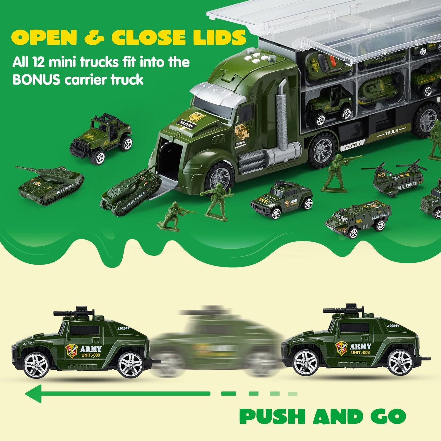 Joyfy 25 in 1 Die-cast Military Army Play Vehicle Set, Vehicles with Sounds and Lights in Carrier Truck, Push and Go Car Toy, Kids Christmas Birthday Gifts for 3 4 5 6 Years Old Boys