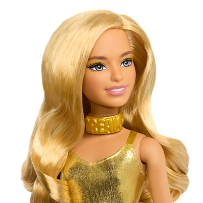 Barbie Fashionistas Doll #222, Petite with Blonde Wavy Hair, Golden Jumpsuit, 65th Anniversary