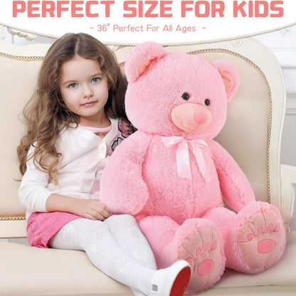 MorisMos Pink Giant Teddy Bear 35.4" Stuffed Animal Soft Big Plush Toy with Bowknot and Footprint