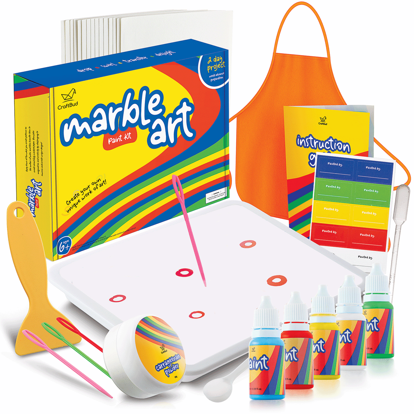 CraftBud Craft Supplies Marbling Paint Kit & Toy for Kids Art with 5 Paint Colors, Water Art Paint Set Comes with Guide Book , Arts and Crafts for Girls & Boys Ages 6+