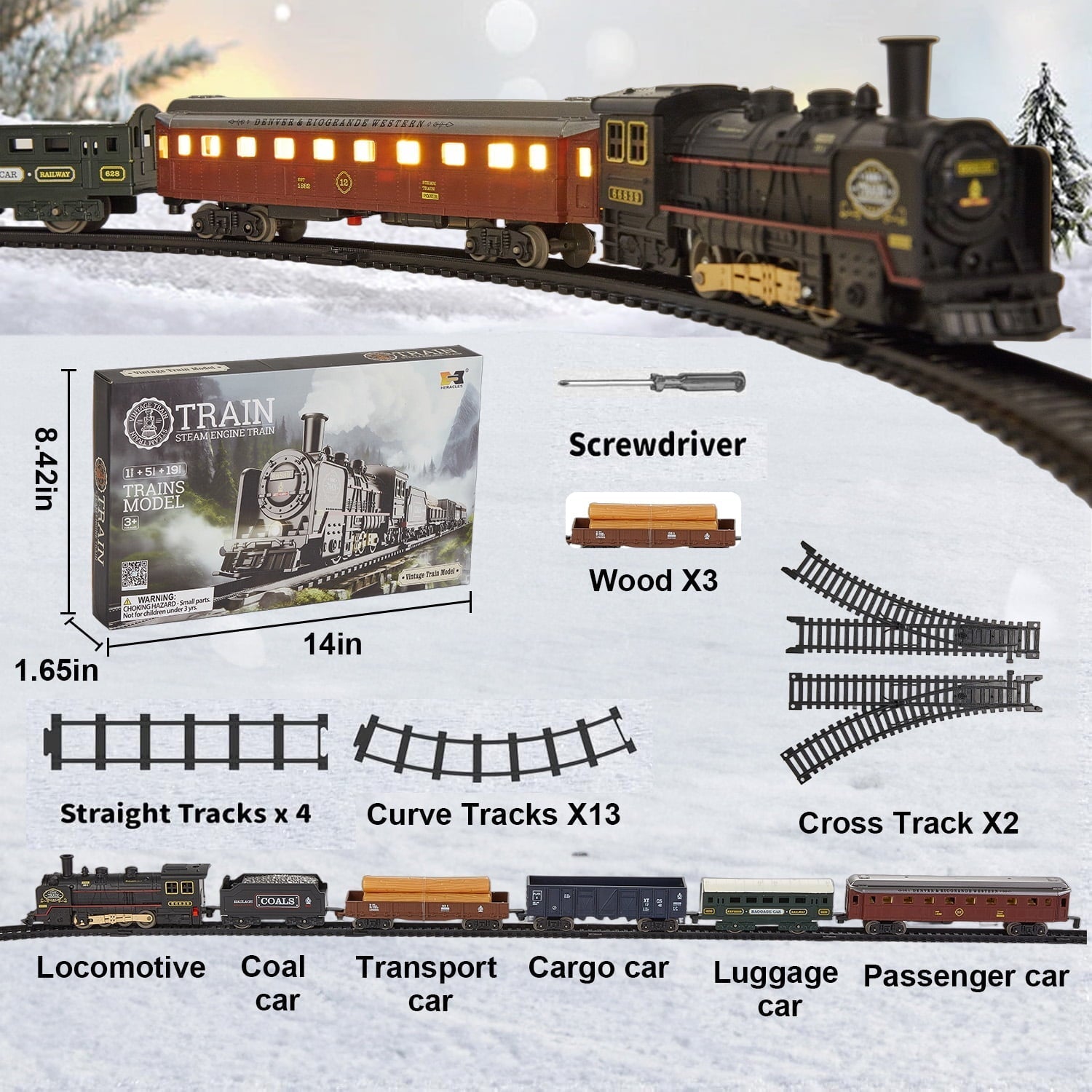 Petbank Train Set for Kids, Electric Train Toys with 5 Cars, Music &Lights , Christmas Train Tracks Toys Gifts for Boys Girls Ages 3+