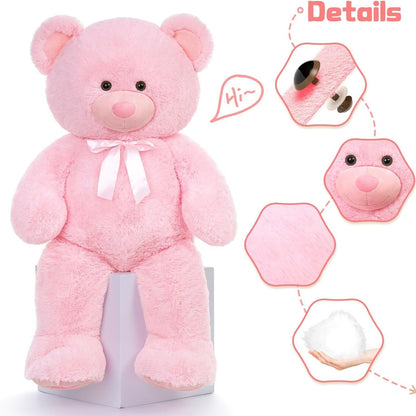 MorisMos Pink Giant Teddy Bear 35.4" Stuffed Animal Soft Big Plush Toy with Bowknot and Footprint