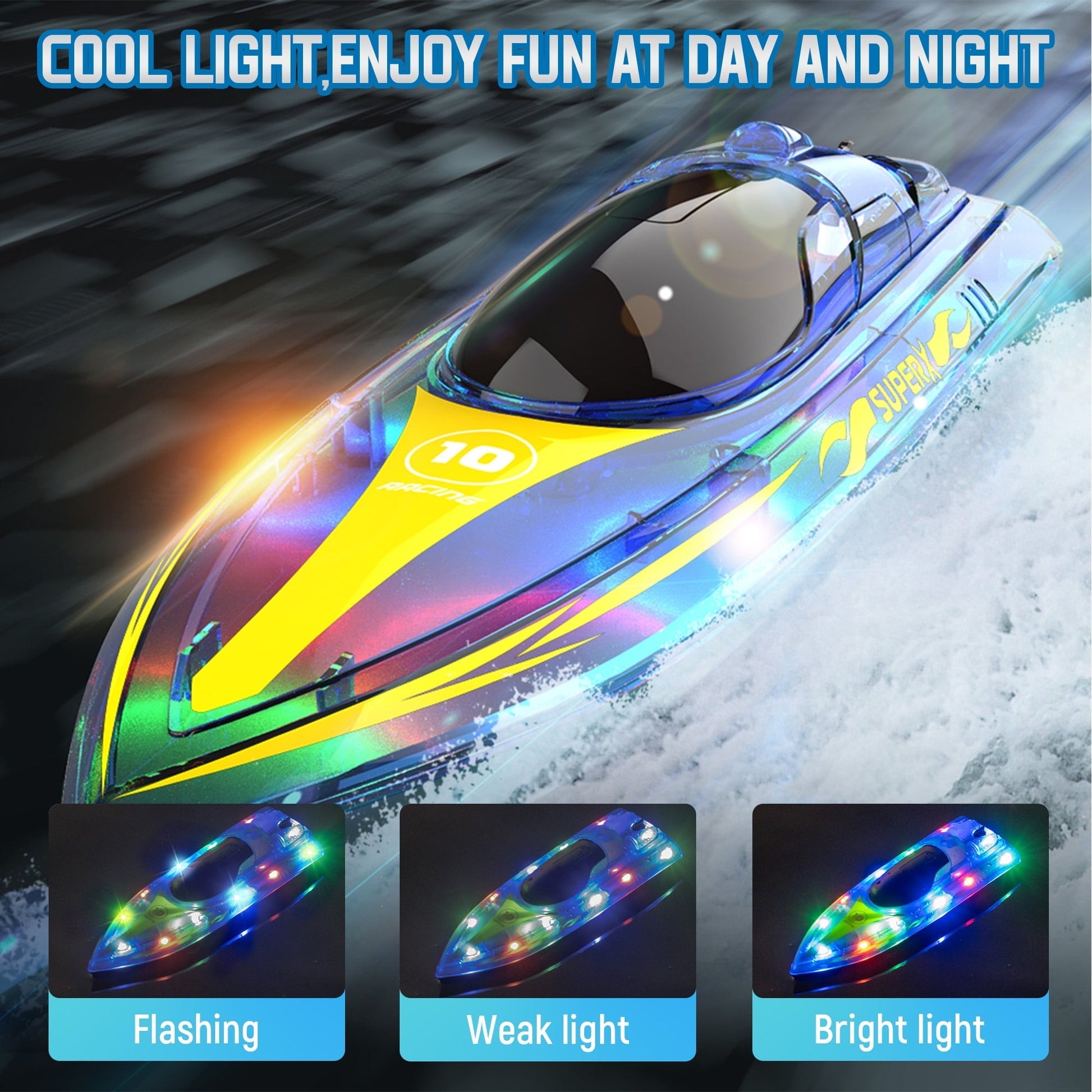 Wisairt 15Km/h Remote Control Boat with LED Lights for Pools/Lakes, 2.4GHz High Speed RC Boat with 2 Rechargeable Batteries, Perfect Summer Water Toys for Ages 10+ (Blue)