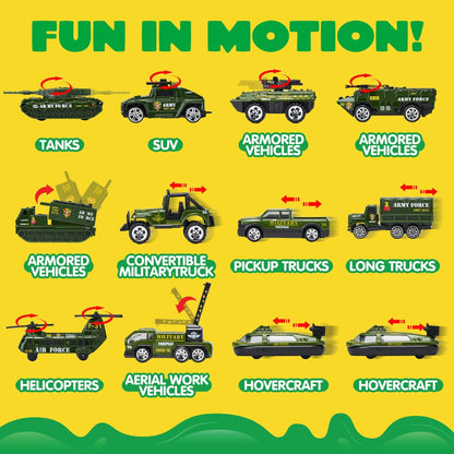 Joyfy 25 in 1 Die-cast Military Army Play Vehicle Set, Vehicles with Sounds and Lights in Carrier Truck, Push and Go Car Toy, Kids Christmas Birthday Gifts for 3 4 5 6 Years Old Boys