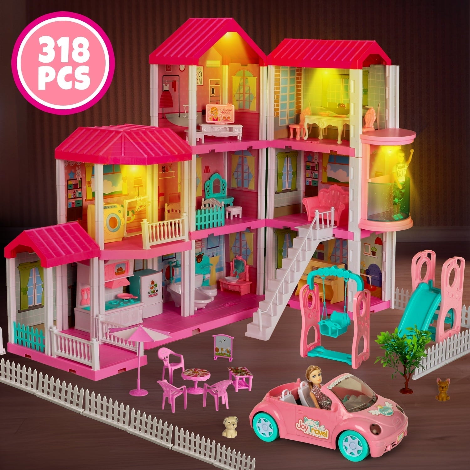 Freecat 38.5" Dollhouse for Girl, 9 Room, 2 Dolls, Elevator, Car& Furniture Accessories, Toy for Girl 3 4 5 6 7 8+ Year Old Kids, Girls Christmas Toy Gifts.(Pink)