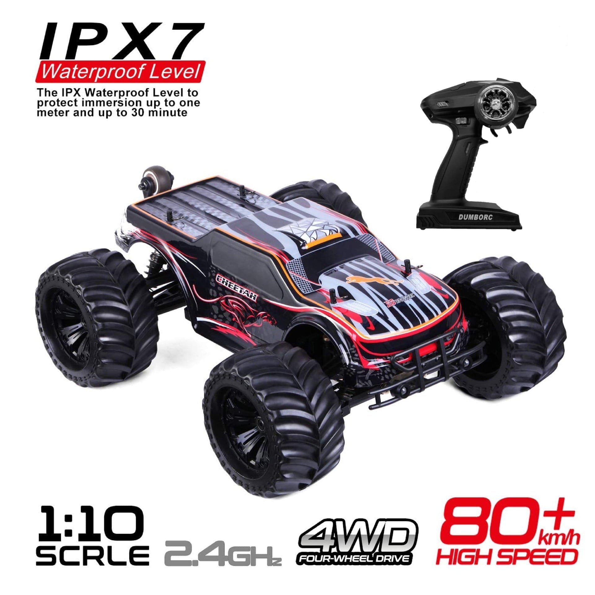JLBRACINGRC Super Fast 1/10 Scale Cheetah RC Car, 80 KM/H 4WD 2.4GHZ RC Truck 4x4 Off Road RTR Monster Truck IPX7 Waterproof RTR Brushless Electric Remote Control Truck for Adults