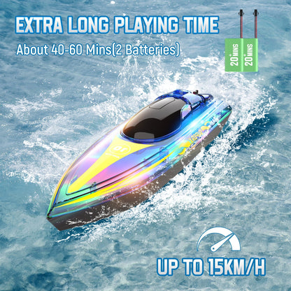 Wisairt 15Km/h Remote Control Boat with LED Lights for Pools/Lakes, 2.4GHz High Speed RC Boat with 2 Rechargeable Batteries, Perfect Summer Water Toys for Ages 10+ (Blue)