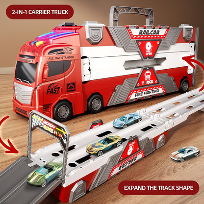 Jiakora Fire Engine Transport Truck Car Toy for Kids, 3-in-1 Ejection Folding Track Toys, Portable Truck with 20 Race Cars, Best Gift for Boys Girls Kids