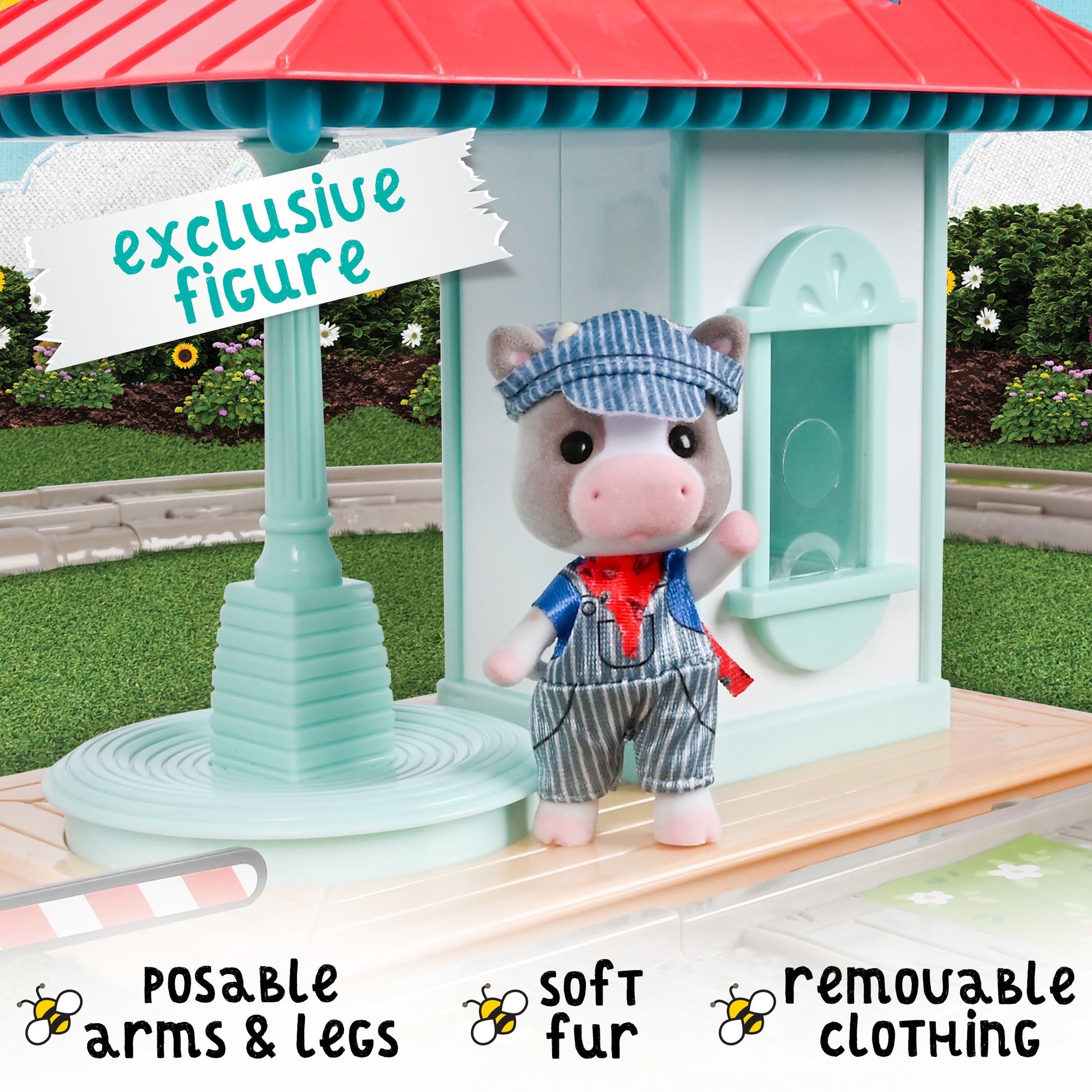 Honey Bee Acres Thistlestop Electric Train Station Set – Motorized Engine, Realistic Lights & Sounds, Poseable Cow Figure, 19 Pieces for Ages 3+