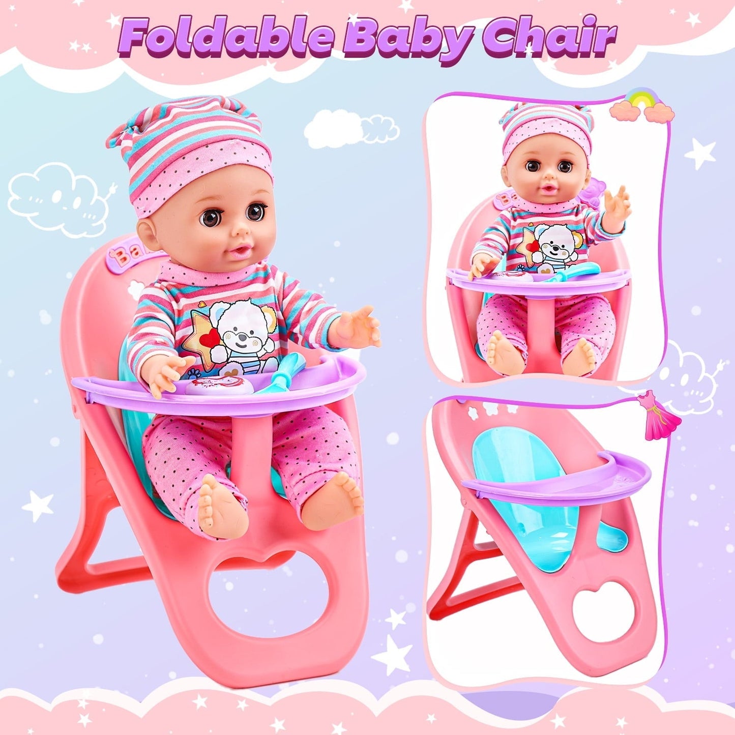 JoyStone Baby Play Set with 12.5" Doll, Crib, High Chair, 41 Pcs Accessories & 2 Outfits, Pretend Play Toys for Girls Toddlers