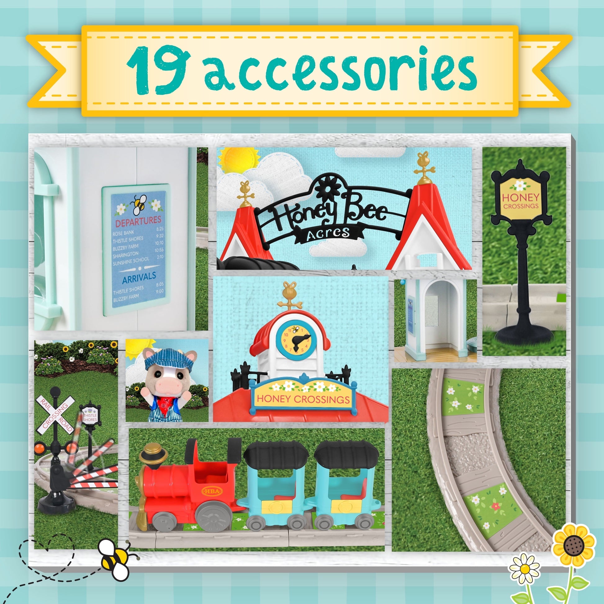 Honey Bee Acres Thistlestop Electric Train Station Set – Motorized Engine, Realistic Lights & Sounds, Poseable Cow Figure, 19 Pieces for Ages 3+