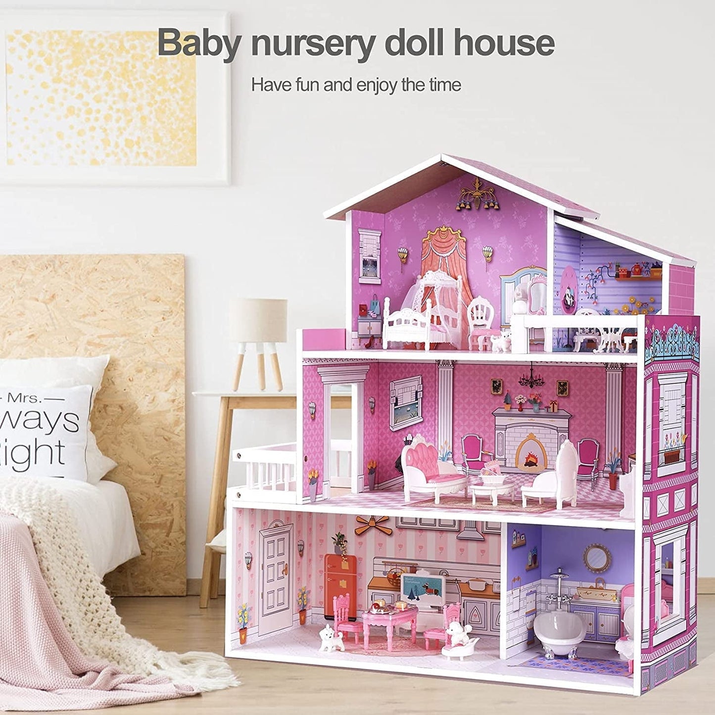 Robud Victoria Wooden Dollhouse for Kids Furniture Preschool Dollhouse House Toy for Toddlers Girls