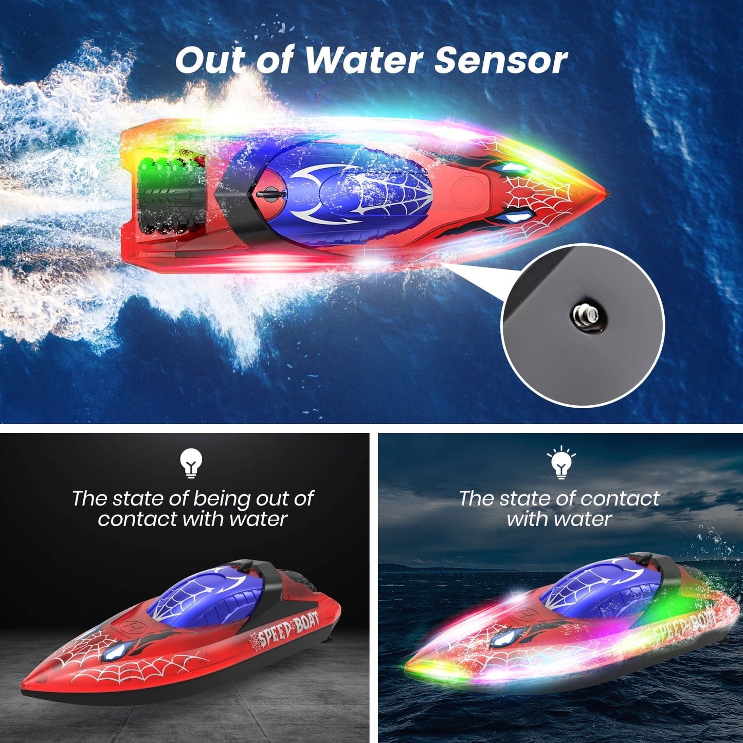 JoyStone RC Boat for Pools and Lakes, 2.4G 15+ MPH Fast Remote Control Boat with LED Lights, Racing Boats for Kids & Adults with 2 Rechargeable Battery, Gifts for Boys Girls (Red)