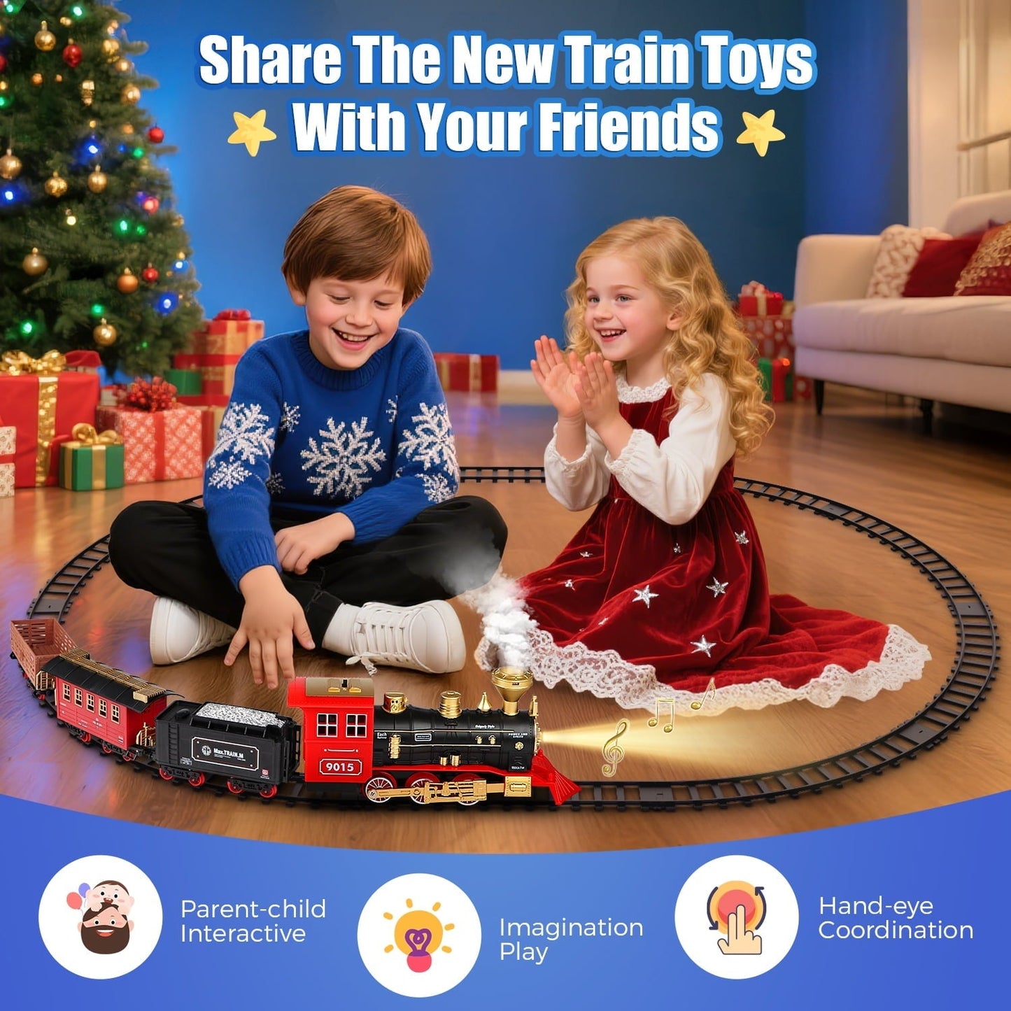 Flooyes Train Set for Boys Girls, Classic Train Toys with Smoke, Light & Sound,Under the Christmas Tree Toy Train Set, Christmas Birthday Gift for Kids 3+ Years Old