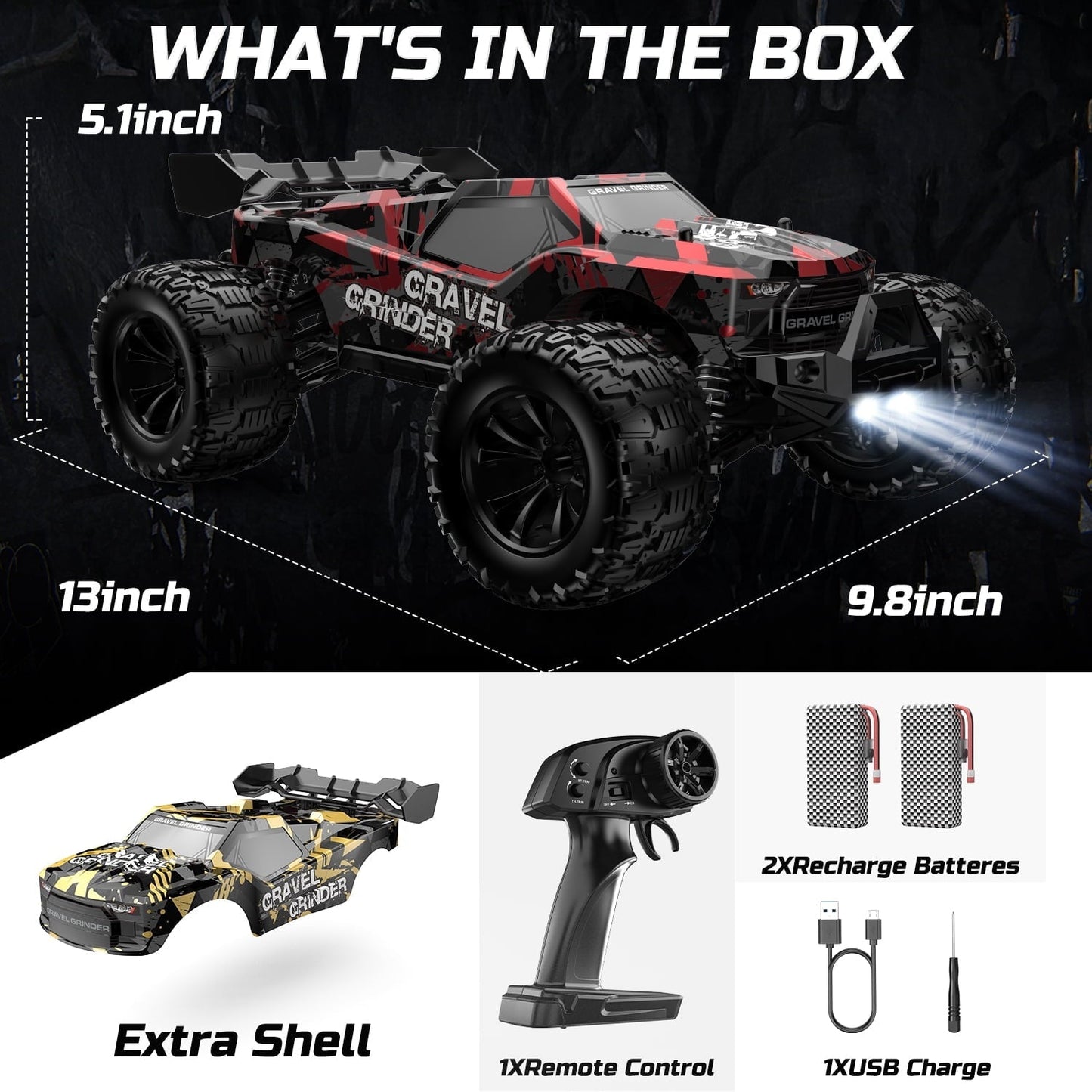 JoyStone 1:10 Large Scale RC Car, 35+MPH Fast Remote Control Car with Lights, 4WD Off-Road Monster Crawler Truck Toy for Adults Boys with 2 Batteries