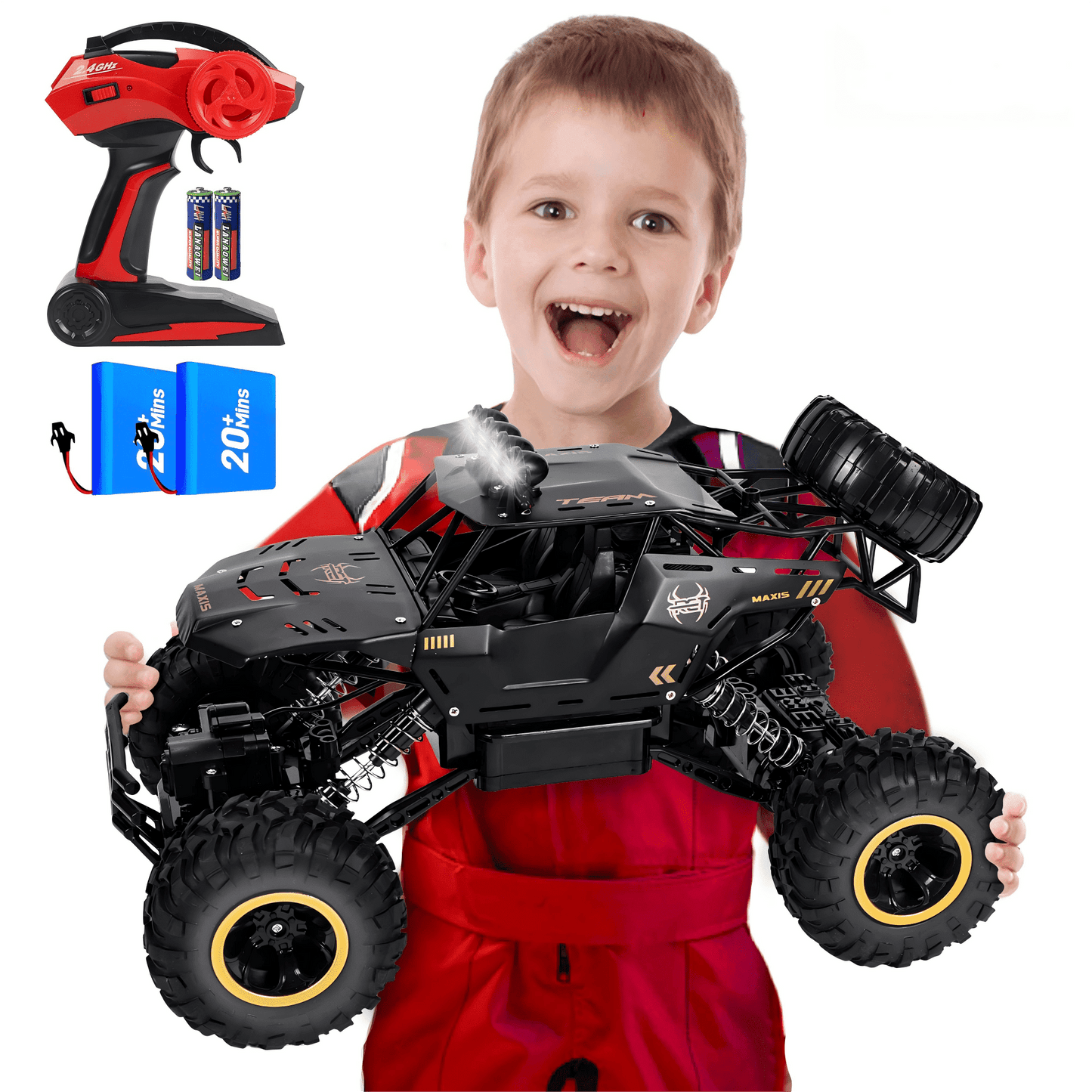Tcovle 1:14 RC Cars, 40+ KM/H Fast RC Monster Truck Remote Control Car with Metal Drivetrain, 4WD All-Terrain, 2 Batteries, RC Toy Car Gift for Kids, Teens & Adults