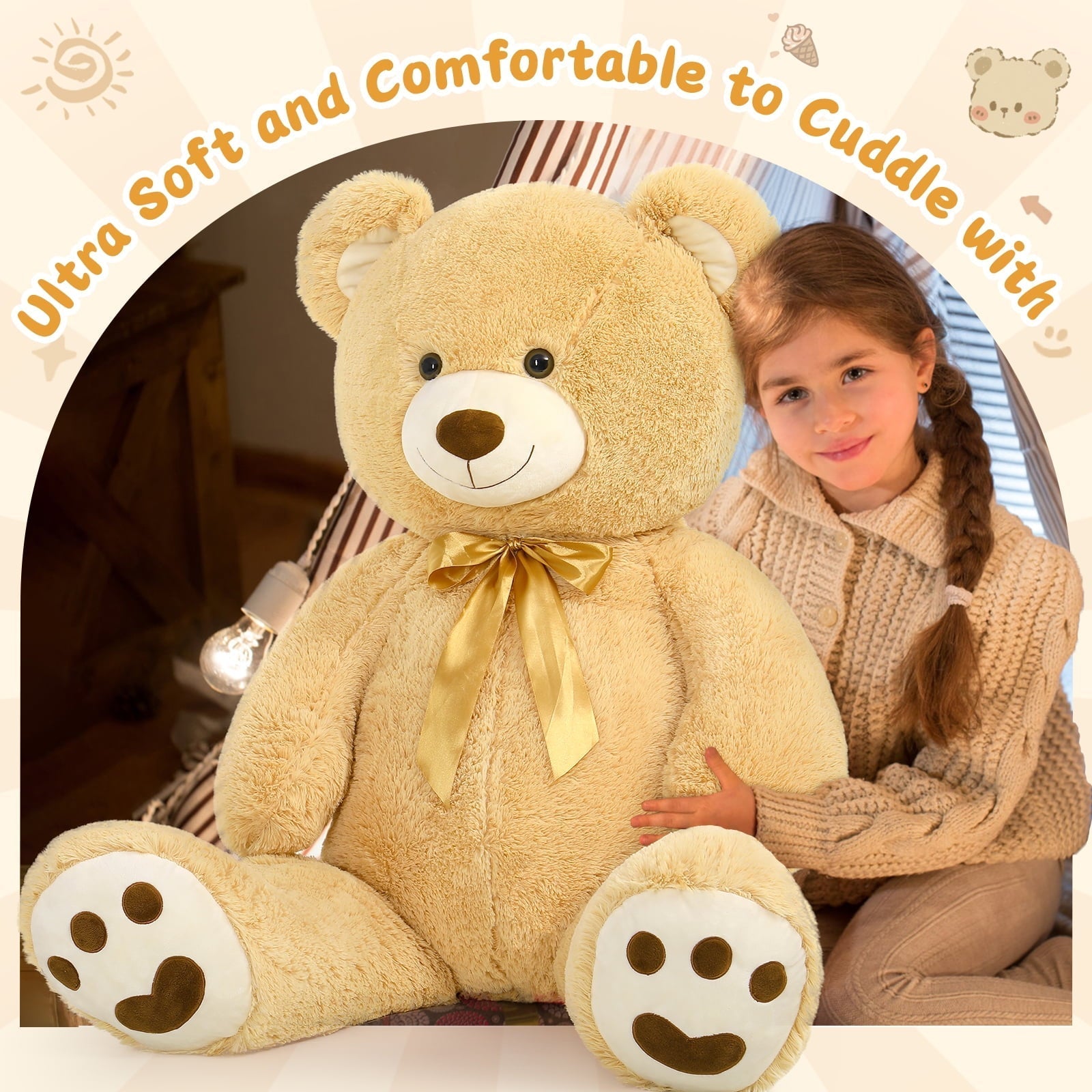 MorisMos Pink Giant Teddy Bear 35.4" Stuffed Animal Soft Big Plush Toy with Bowknot and Footprint