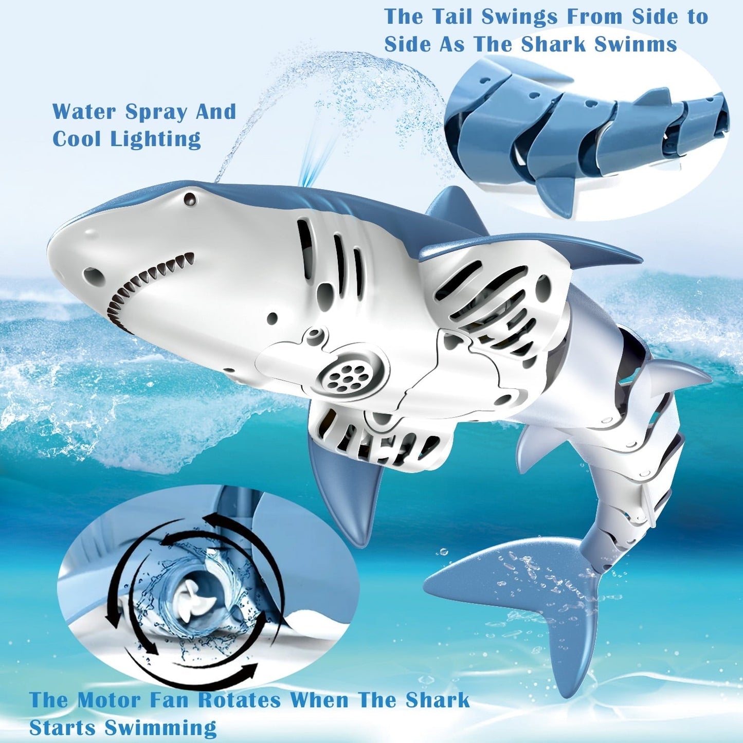 Lvelia 2.4Ghz Remote Control Shark Toys for Boys Girls,1:18 Scale High Simulation Shark for Pool, Electric RC Shark Fish Toys with Light & Spray Water Function for Kids Ages 6+,Blue