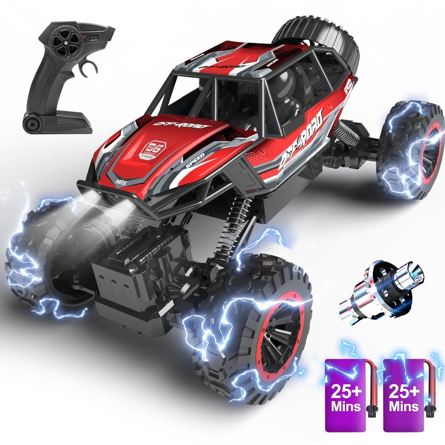 JoyStone 1:12 RC Cars 4WD Off-Road 2.4Ghz RC Monster Truck with Metal Shell and Light, Remote Control Car Crawler for Adult and Kid, 2 Batteries, Red