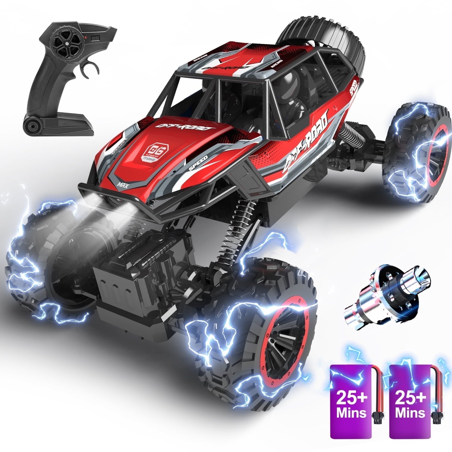 JoyStone 1:12 RC Cars 4WD Off-Road 2.4Ghz RC Monster Truck with Metal Shell and Light, Remote Control Car Crawler for Adult and Kid, 2 Batteries, Red