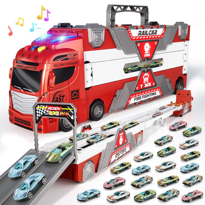 Jiakora Fire Engine Transport Truck Car Toy for Kids, 3-in-1 Ejection Folding Track Toys, Portable Truck with 20 Race Cars, Best Gift for Boys Girls Kids