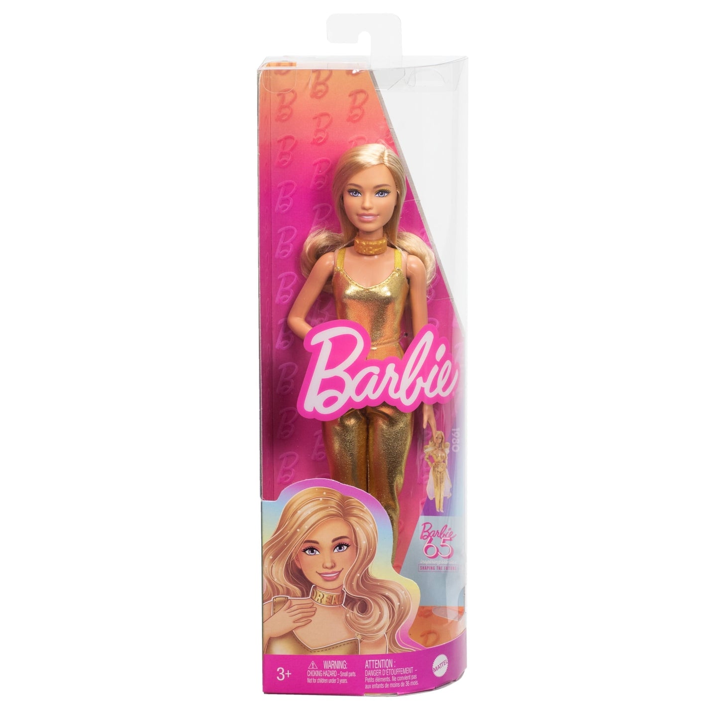 Barbie Fashionistas Doll #222, Petite with Blonde Wavy Hair, Golden Jumpsuit, 65th Anniversary