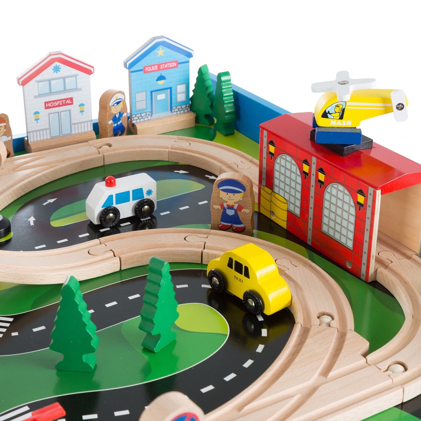 Hey Play 75-Piece Wooden Train Set with Illustrated Toy Storage Play Table
