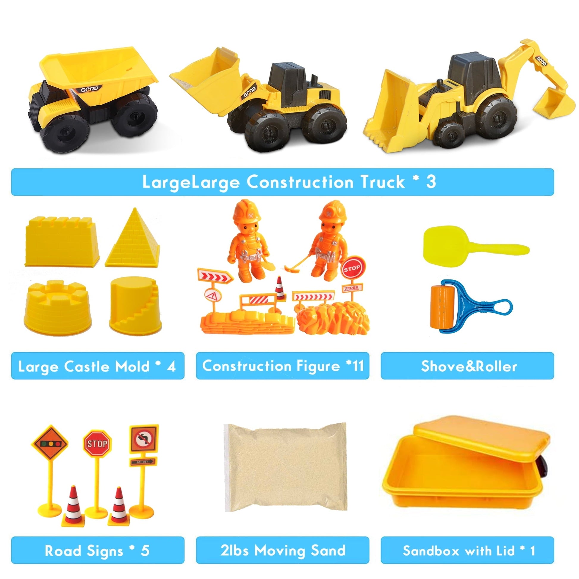 DR.Planzen Play Construction Moving Sand Kit - Sensory Bin with 2lbs Moving Sand 3 Large Construction Trucks,16 Construction Toys & Signs,4 Castle Molds,Sensory Toys for Children
