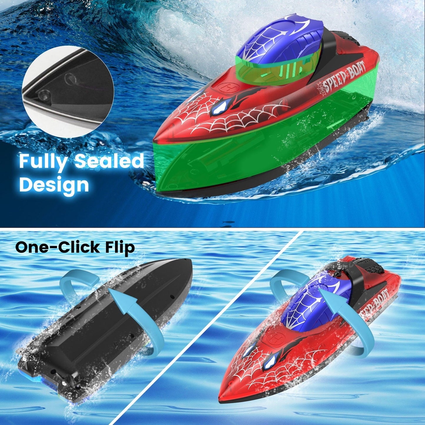 JoyStone RC Boat for Pools and Lakes, 2.4G 15+ MPH Fast Remote Control Boat with LED Lights, Racing Boats for Kids & Adults with 2 Rechargeable Battery, Gifts for Boys Girls (Red)