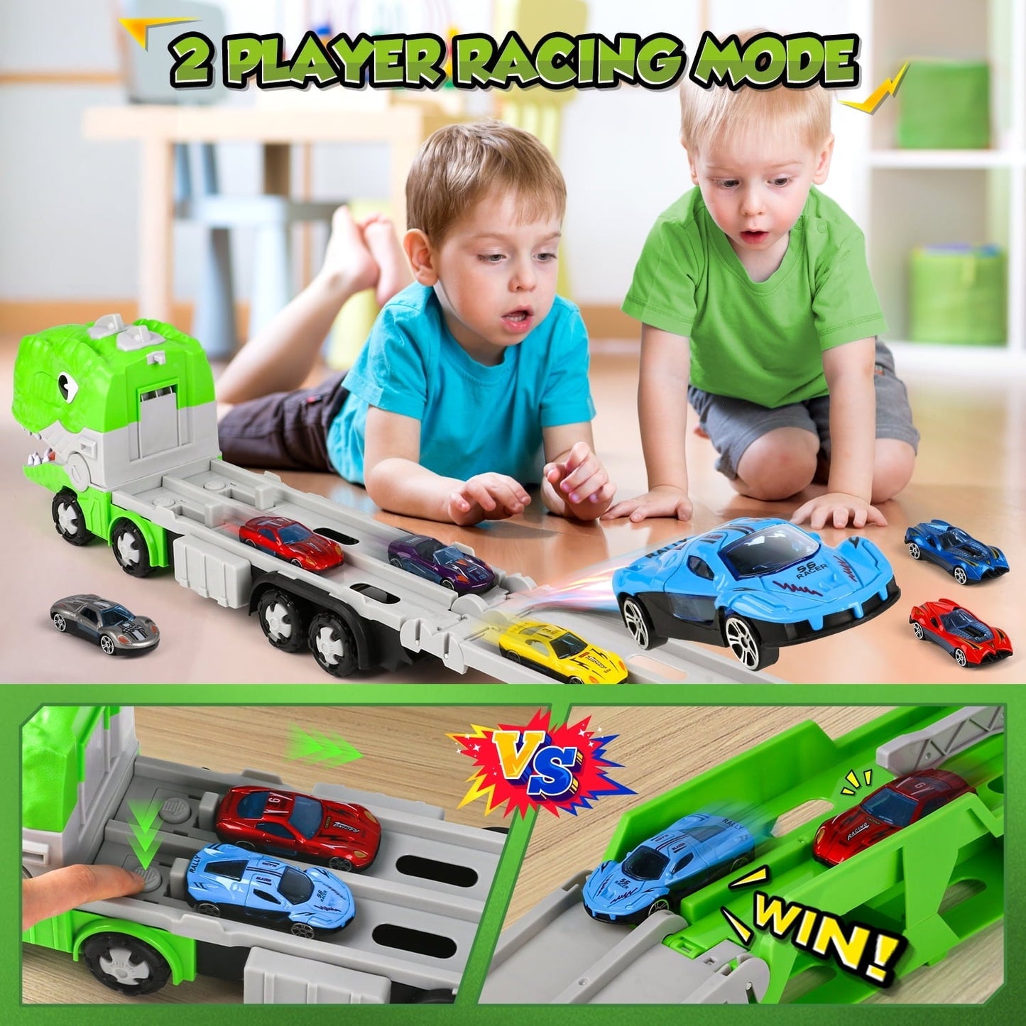 Huge Wave Toy Trucks Cars for Boys, Dinosaur Transport Race Set, with 66-Inch Ejection Track, 12 Die-Cast Metal Cars, Christmas Gifts for Kids for 3-8 Years Old