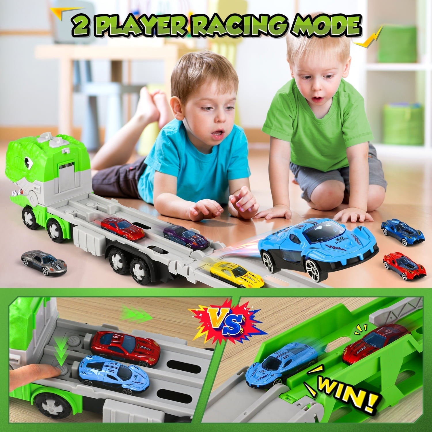 Huge Wave Toy Trucks Cars for Boys, Dinosaur Transport Race Set, with 66-Inch Ejection Track, 12 Die-Cast Metal Cars, Christmas Gifts for Kids for 3-8 Years Old