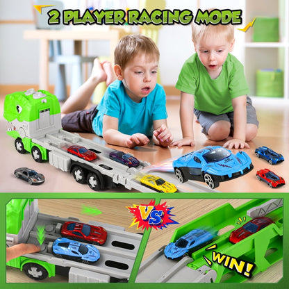 Huge Wave Toy Trucks Cars for Boys, Dinosaur Transport Race Set, with 66-Inch Ejection Track, 12 Die-Cast Metal Cars, Christmas Gifts for Kids for 3-8 Years Old