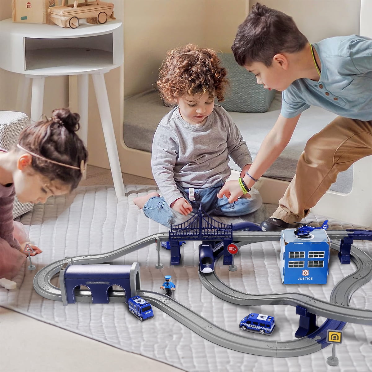 Toys Train Set for Kids, HDJ 92PCS Race Track Set for Boys Christmas Train Birthday Gift,Police Toy with Cars, Copter(Blue)
