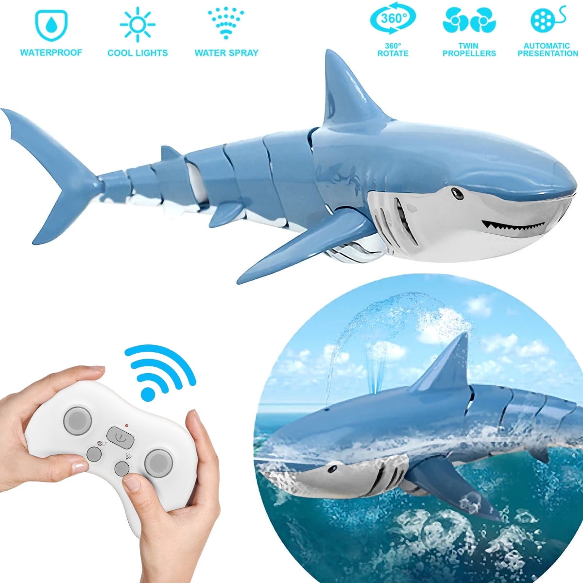 Lvelia 2.4Ghz Remote Control Shark Toys for Boys Girls,1:18 Scale High Simulation Shark for Pool, Electric RC Shark Fish Toys with Light & Spray Water Function for Kids Ages 6+,Blue