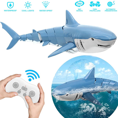 Lvelia 2.4Ghz Remote Control Shark Toys for Boys Girls,1:18 Scale High Simulation Shark for Pool, Electric RC Shark Fish Toys with Light & Spray Water Function for Kids Ages 6+,Blue